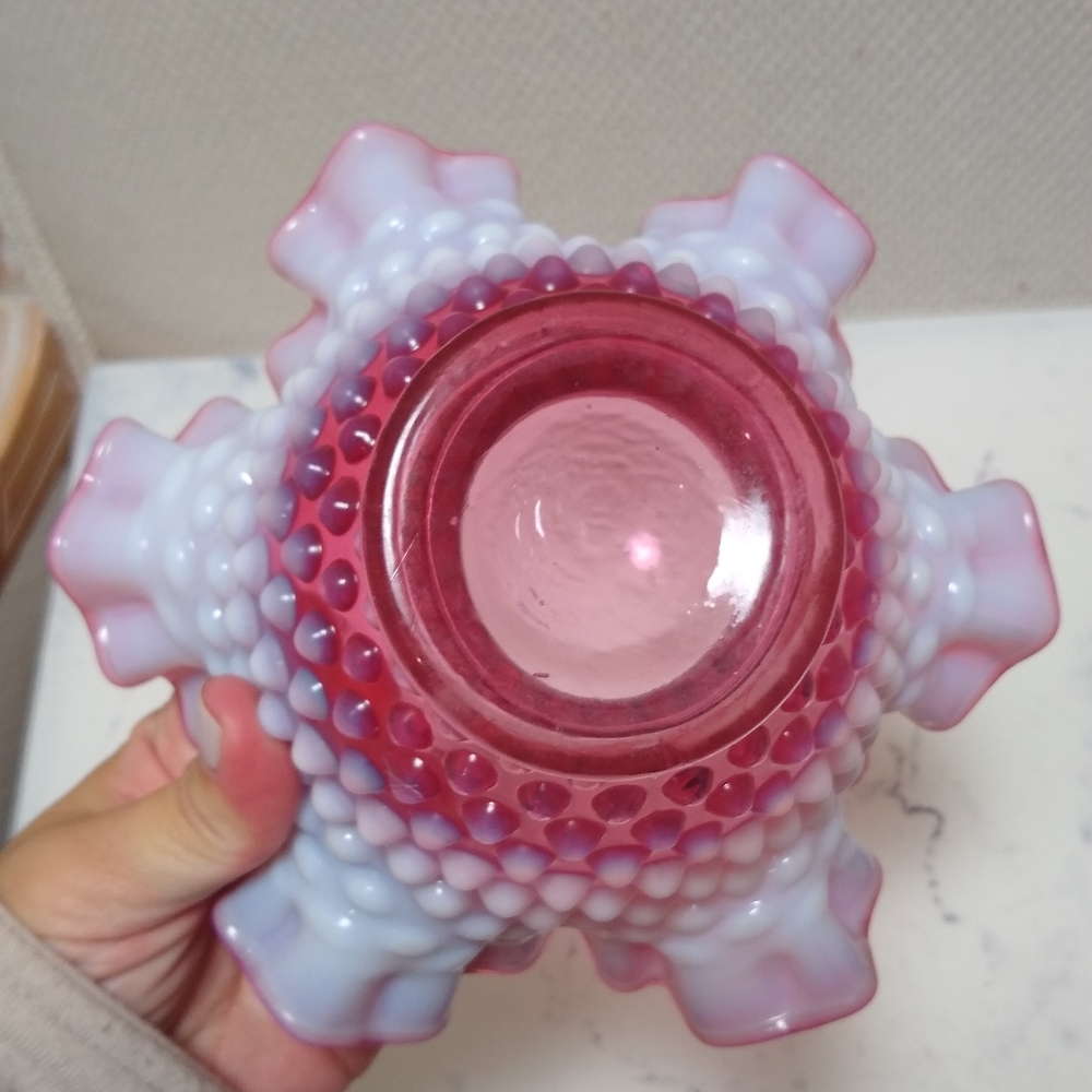 Antique Cranberry Opalescent Hobnail Ruffle Vase - Picture 4 of 6